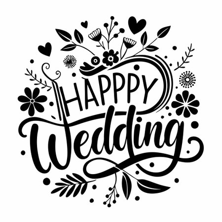 Black and white calligraphic text "Happy Wedding" with a floral border.のイラスト素材