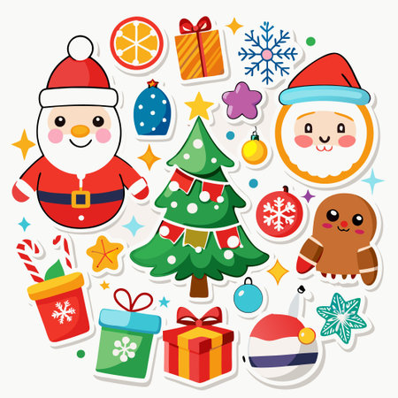 Festive Christmas stickers with Santa Claus, a Christmas tree, and other holiday elements.のイラスト素材