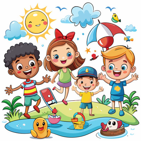 Happy children playing by the river under the sunny sky.のイラスト素材