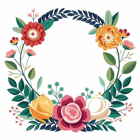 Colorful floral wreath with yellow, pink, and red flowers and green leaves.のイラスト素材