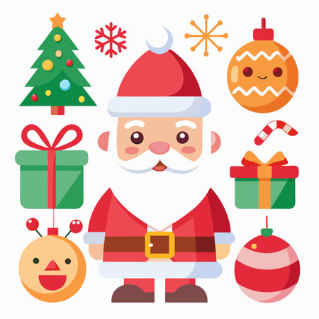 Cute Santa Claus with Christmas Ornaments, Gifts, Candy Cane and a Christmas Tree.のイラスト素材