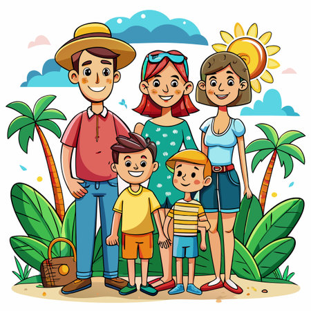Happy family of four standing in front of palm trees with a sunny sky.