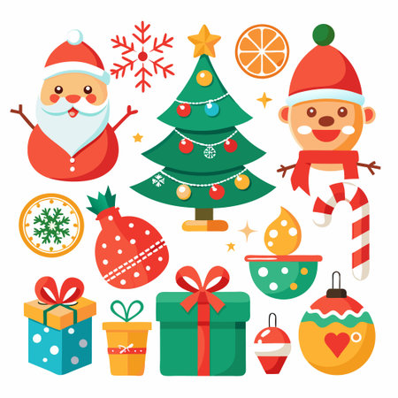 Christmas Icons Set with Santa, Snowman, Tree and Gifts.のイラスト素材