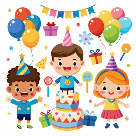 Three happy children celebrating a birthday with balloons, cake, gifts, and party hats.のイラスト素材