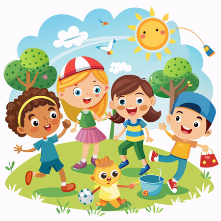 Four happy kids playing in a park on a sunny day.のイラスト素材