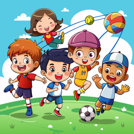 Happy cartoon kids playing soccer on a green field.のイラスト素材