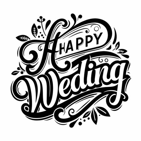 Black and white calligraphy illustration with floral accents, saying "Happy Wedding".のイラスト素材