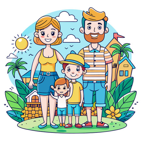 Happy cartoon family standing in front of a tropical house.のイラスト素材