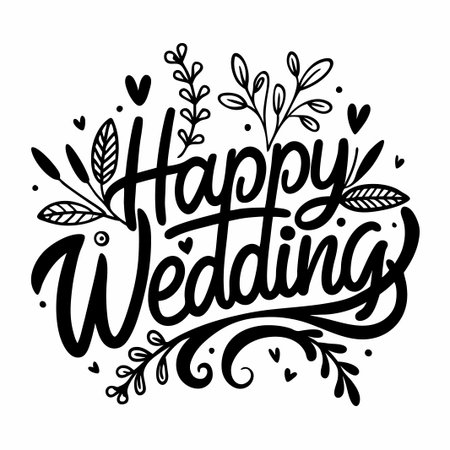 Handwritten "Happy Wedding" with Floral Design.のイラスト素材