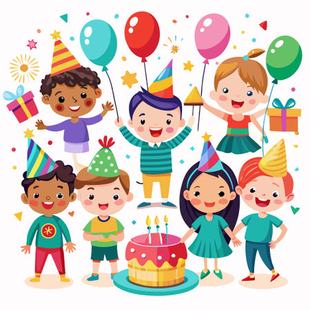 Diverse group of happy children celebrating birthday with cake, balloons, gifts, and confetti.のイラスト素材
