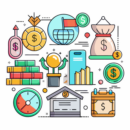 A colorful illustration of various money-related icons, including a money bag, a dollar sign, coins, a chart, and a clock.のイラスト素材