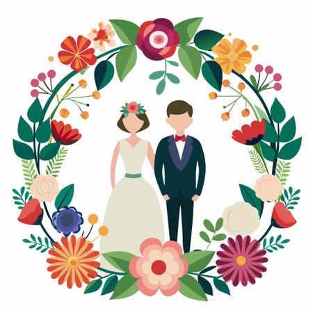 Couple standing in a floral wreath.のイラスト素材