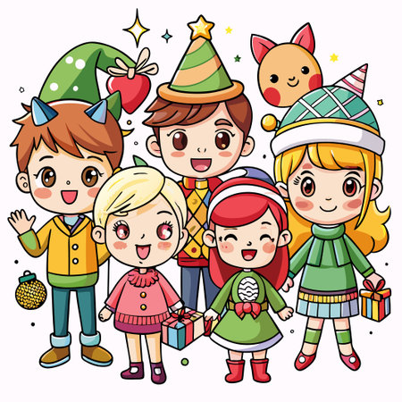 Five kids dressed up for Christmas, holding gifts and smiling, cartoon style.のイラスト素材