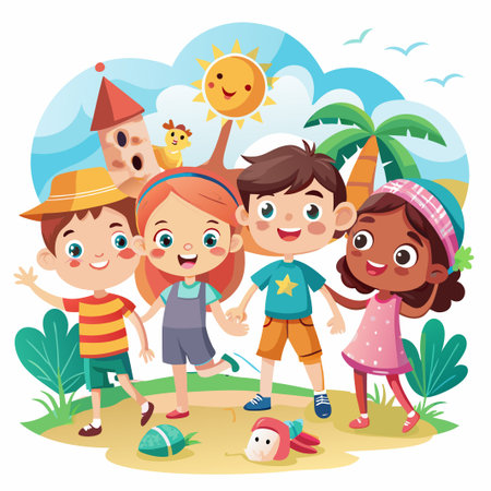 Four happy kids walking together on a sunny day with a palm tree and a birdhouse in the background.のイラスト素材