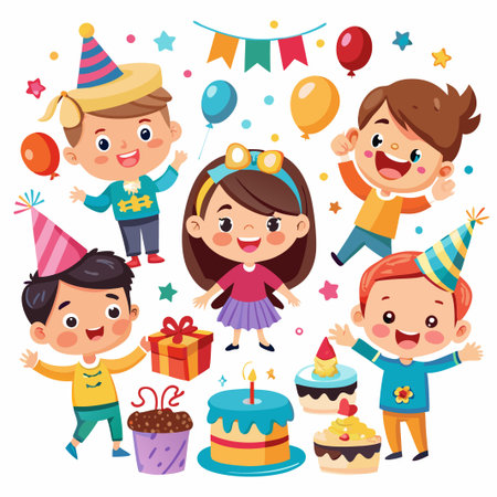 Happy children celebrating a birthday party with cake, presents, and balloons.のイラスト素材