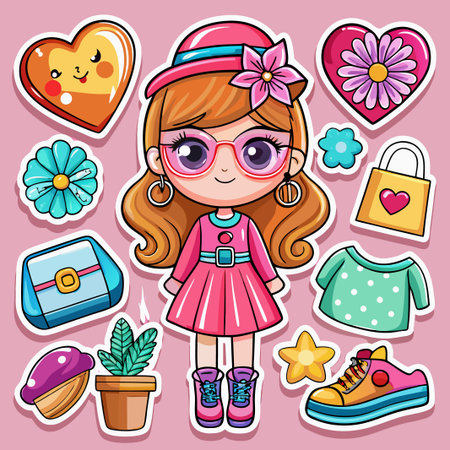 Cute cartoon girl with a pink dress, hat, and glasses. She is surrounded by fun stickers like a heart, flowers, a shoe, a purse, and a plant.のイラスト素材