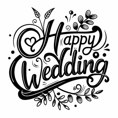 Hand drawn lettering of Happy Wedding with floral elements.のイラスト素材