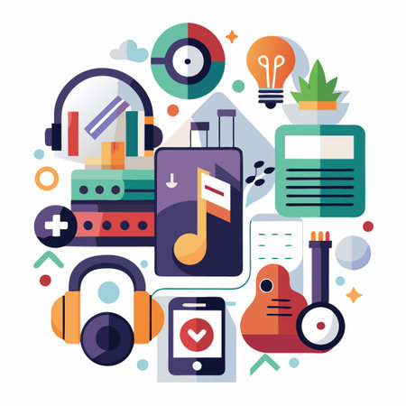 Colorful illustration of music and technology icons.のイラスト素材