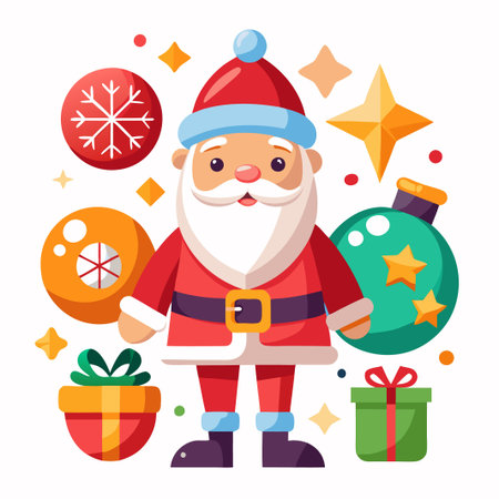 Cheerful Santa Claus surrounded by Christmas decorations.のイラスト素材