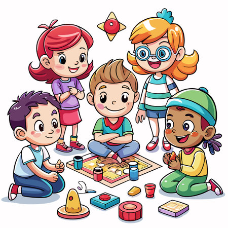 Cartoon illustration of four kids playing a board game.のイラスト素材