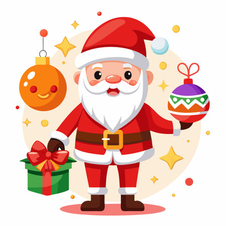 Cheerful Santa Claus holding a Christmas ornament and gift box.のイラスト素材