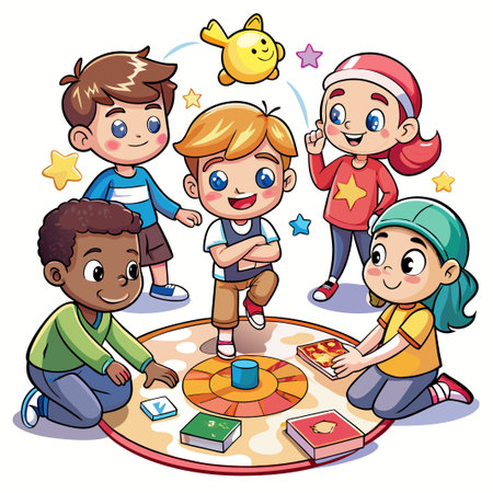 Four children playing a board game with a spinning wheel.のイラスト素材