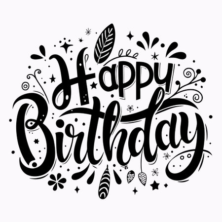 Hand drawn calligraphy Happy Birthday lettering with black floral ornaments and stars.のイラスト素材