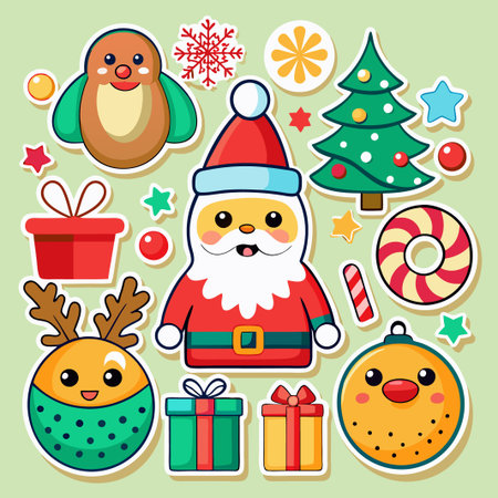 Cute Christmas Stickers with Santa, Reindeer, Tree, Ornaments, and Candy Cane.のイラスト素材