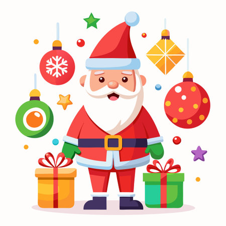 Cheerful Santa Claus holding gifts with Christmas ornaments.のイラスト素材