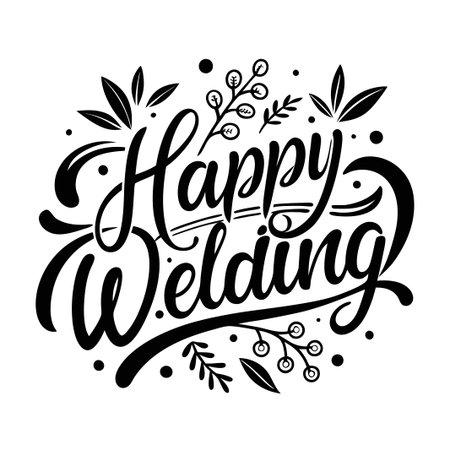 Happy Wedding calligraphy with floral elements.のイラスト素材