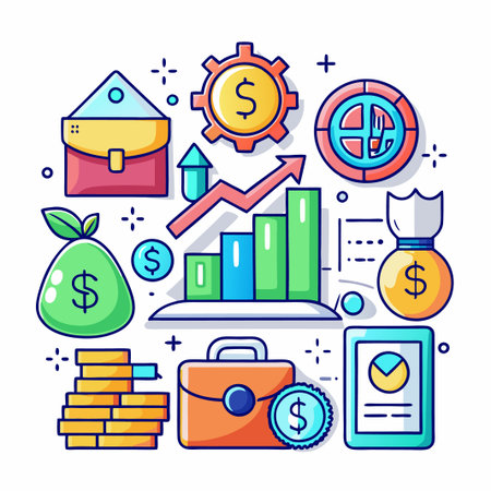 Colorful vector illustration of various financial icons, including a briefcase, a money bag, a coin stack, and a graph with an upward arrow.のイラスト素材