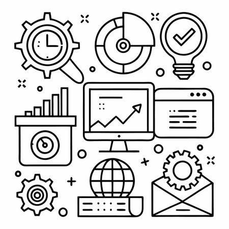 Black and white line art illustration of a computer with a bar graph, pie chart, clock, gear, lightbulb, envelope, and globe.のイラスト素材