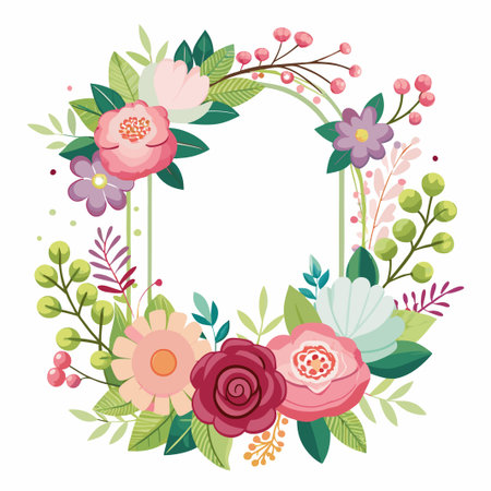 Oval Floral Frame with Pink and Purple Flowers.のイラスト素材
