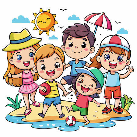 Five happy cartoon kids playing on the beach with a red ball and a beach umbrella.のイラスト素材