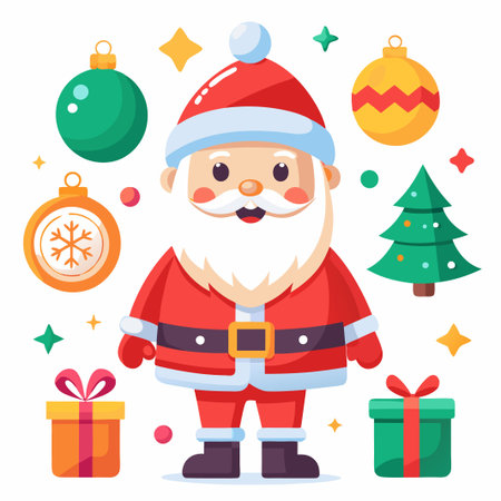Cheerful Santa Claus surrounded by Christmas decorations and presents.のイラスト素材