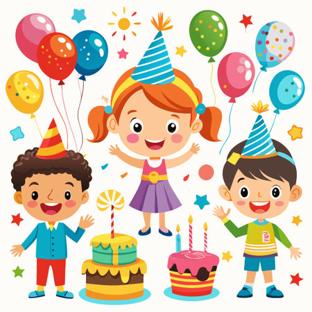 Happy birthday celebration with three kids, balloons and cakes.のイラスト素材