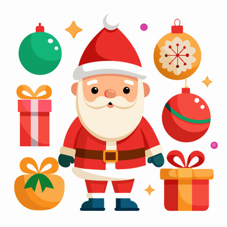 Cheerful Santa Claus with gifts and Christmas ornaments.のイラスト素材