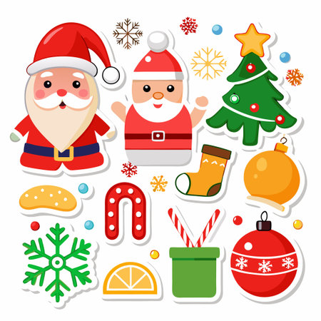 Festive Christmas stickers with Santa Claus, Christmas tree, ornaments, and candy canes.のイラスト素材