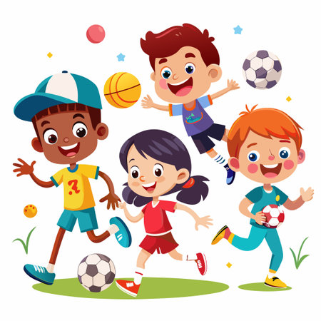 Four kids playing different sports on a grassy field.のイラスト素材