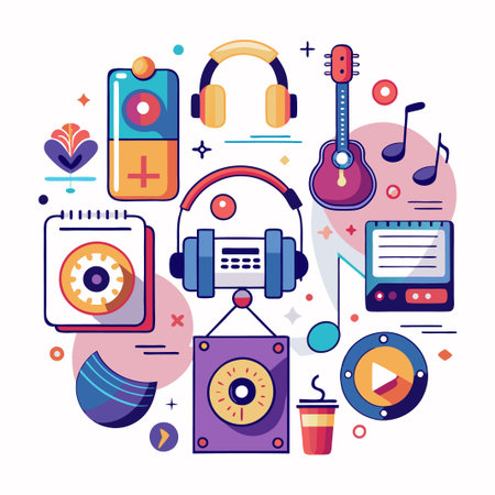 Colorful music icons design with headphones, guitar, and speaker.のイラスト素材