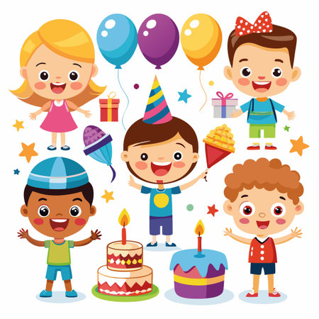 Happy children celebrating birthday with cake, balloons, and gifts.のイラスト素材