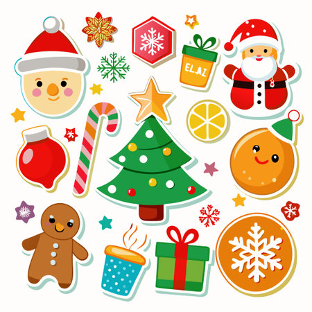 Colorful Christmas stickers with a snowman, Santa, a gingerbread man, a Christmas tree, a candy cane, an ornament, a snowflake, a cup of coffee, a gift, a star, a lemon, and an orange.のイラスト素材