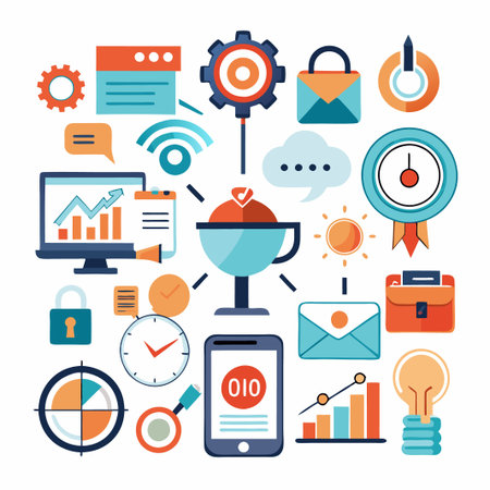 Business growth icons with phone, trophy, target, and more.のイラスト素材