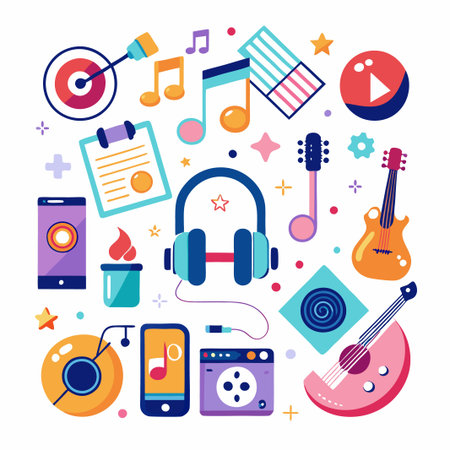 Colorful Music Icons, Symbols and Instruments.のイラスト素材