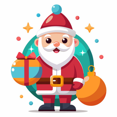 Cheerful Santa Claus with a gift and ornaments, holiday design.のイラスト素材