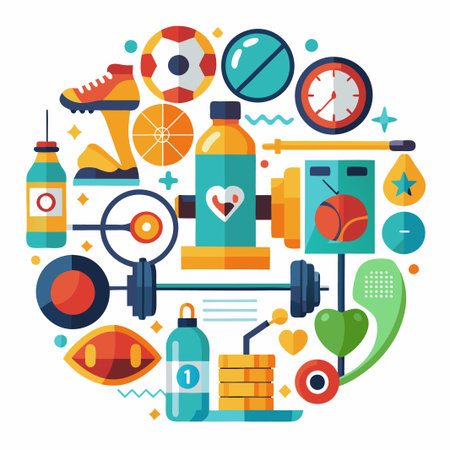 Colorful illustration with sport icons, health and fitness concept.のイラスト素材