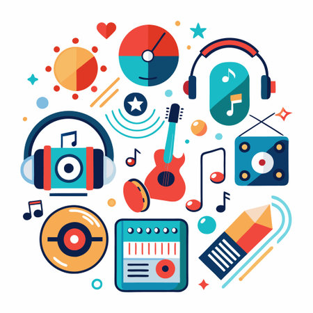 Colorful music icons with headphones, guitar, and record.のイラスト素材