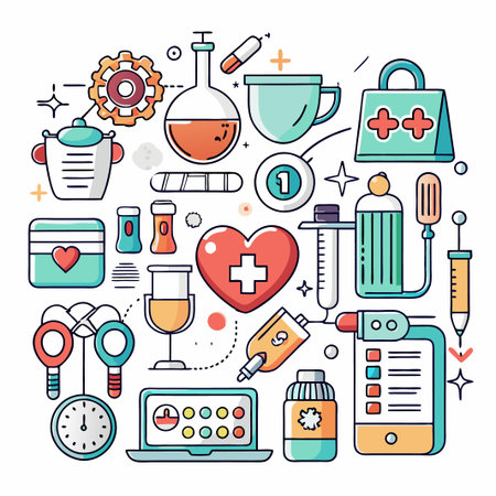 Colorful medical icons with a heart, pills, stethoscope, and more.のイラスト素材