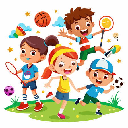 Four happy children playing different sports in a park with a green field.のイラスト素材