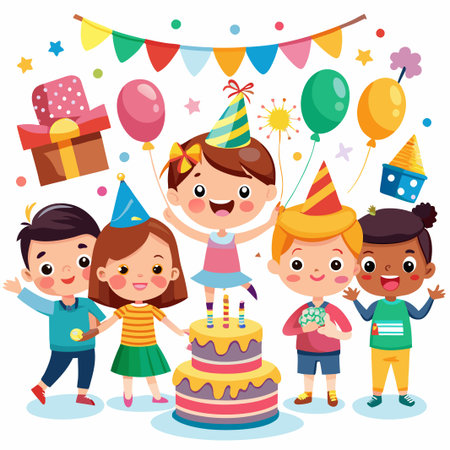 Four happy children celebrating a birthday with cake, balloons, presents and confetti.のイラスト素材